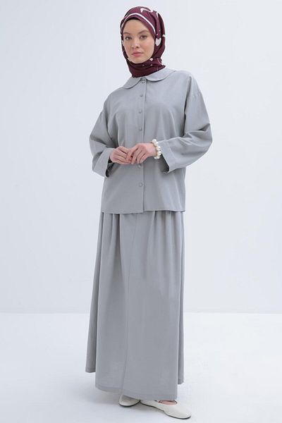 ALLDAY Gray-Baby Collar Linen Skirt Suit