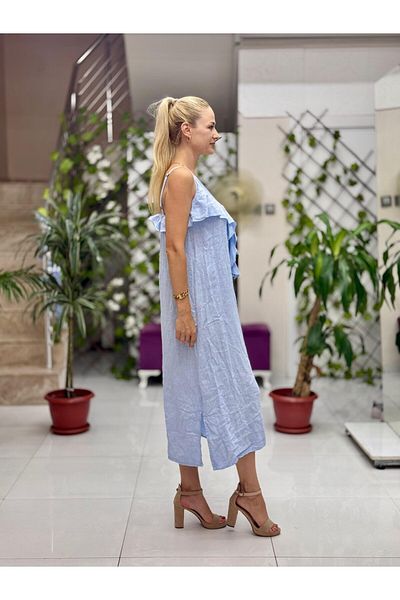 Punta Otantik Nc2132 Rope Strap Linen Front Ruffle Italian Dress Baby Blue