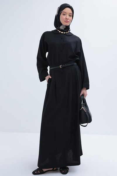 ALLDAY Black-Baby Collar Linen Skirt Suit