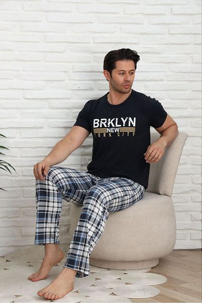 FENZO Men's Cotton Printed Bottom Top Checked Short Sleeve Pajamas Set