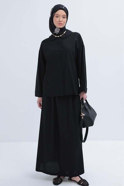 ALLDAY Black-Baby Collar Linen Skirt Suit