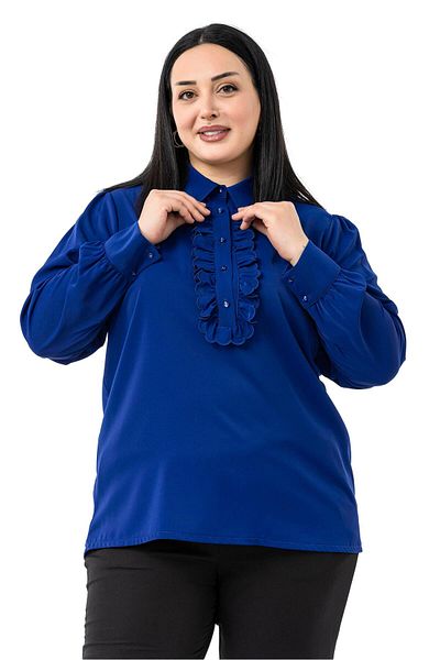 DISENTIS MODEST Plus Size Front Ruffle Detailed Shirt Collar Cuff Saks Blue Shirt
