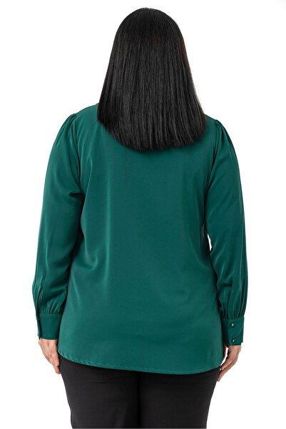 DISENTIS MODEST Plus Size Smocked Front Detail Shirt Collar Cuff Emerald Green Shirt