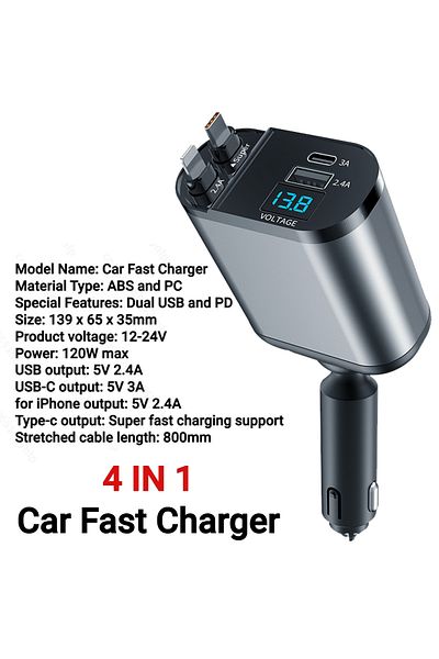 Choice 86W for IOS Type C 120W 4 IN 1 Retractable Car Charger USB C Cable For IPhone Huawei Samsung Fast Ch