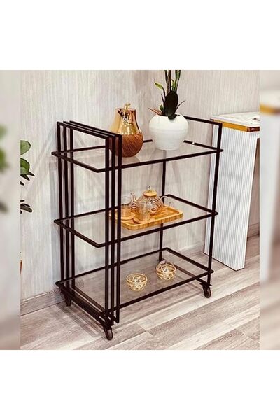genric FFD Midcentury Modern 3 Tier Metal Kitchen Trolley with Glass Shelves and Lockable Wheels 100x40x90c