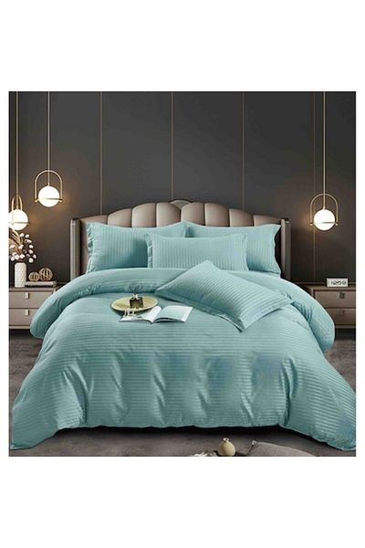Lenjeria Pufoasa Lenjerie pat dublu cu elastic Damasc Finetat Deluxe Premium, 6 Piese, Verde menta