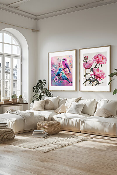 STARYUNA Tablou cu flori cu păsări, set de 2 tablouri cu păsări cu rame din l...