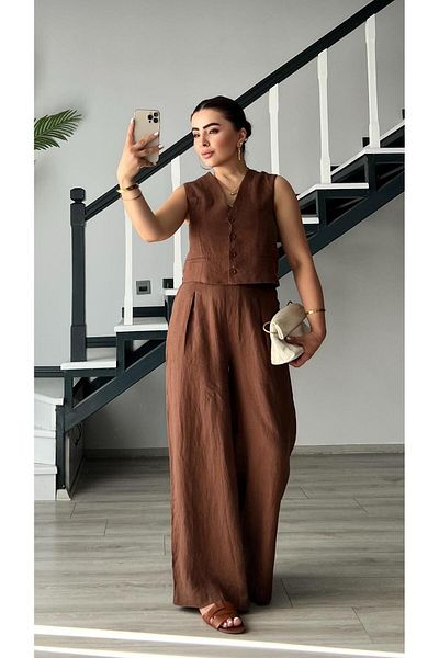 Oslove Coffee Raw Linen Vest Pants Suit