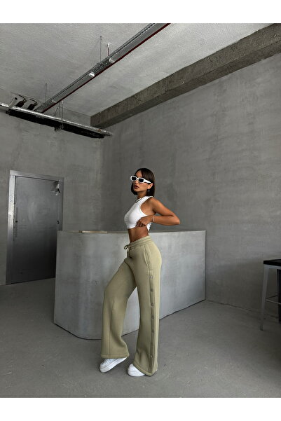 Cappmoda Eşf-09086 Khaki Snap Fastener Three Drawstring Raised Waist Elastic Palazzo Tracksuit