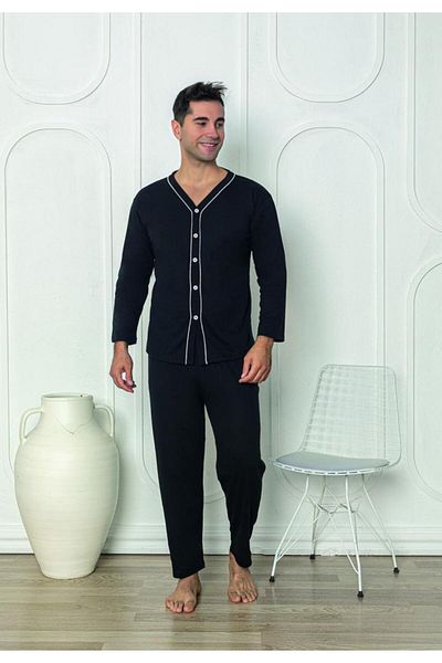 TOSKI Pijama bărbătească cu nasturi, mânecă lungă, pantaloni lungi, negru