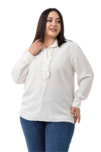 DISENTIS MODEST Plus Size White Shirt with Ruffle Detail on the Front and Shirt Collar Cuff