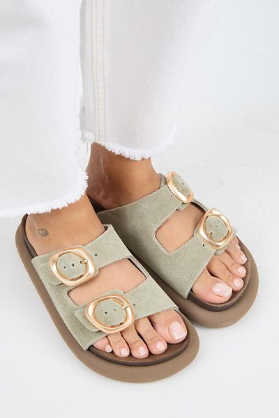 Manijero Narducci Women's Genuine Leather Double Buckle Water Green Slippers