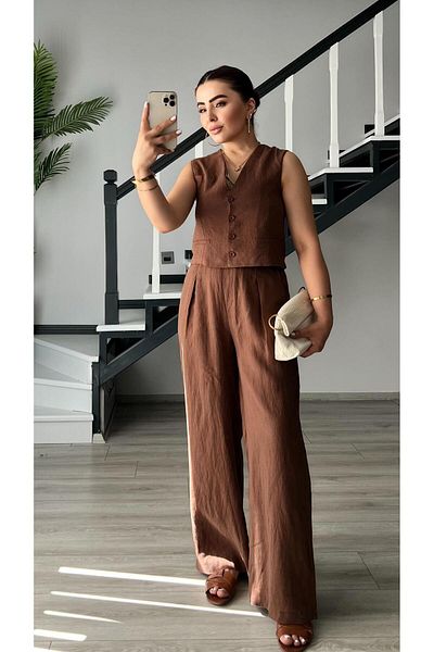 Oslove Coffee Raw Linen Vest Pants Suit