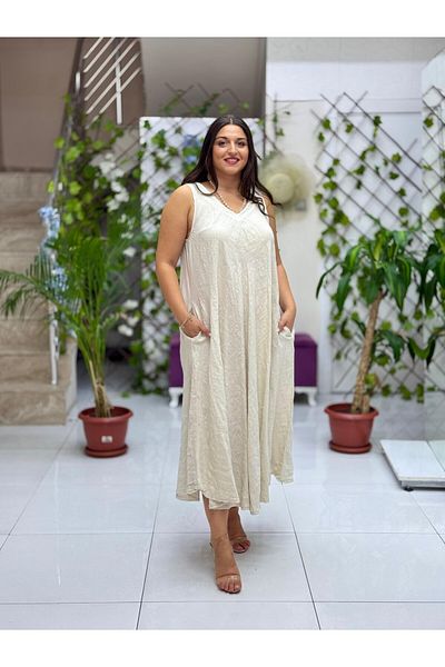 Punta Otantik Nc14916 Italian Sleeveless Linen Dress Cream