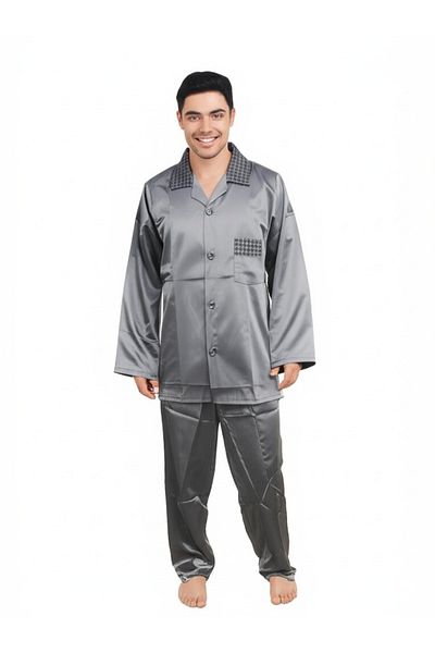 Oppland Set pijamale bărbați din țesătură satinată model clasic cu buzunare confortabil model complet OPEPT25PIEROMOD87