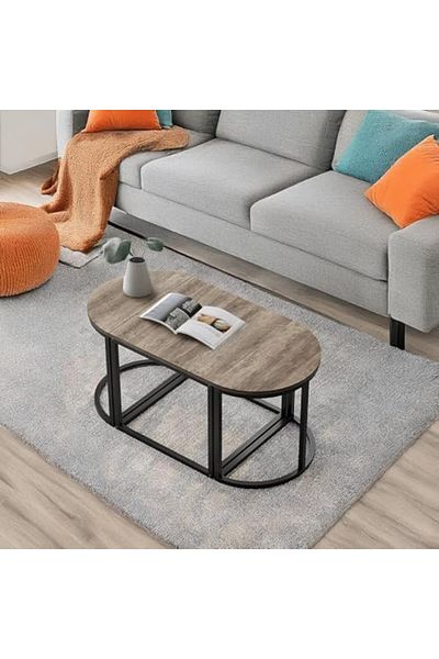 AGD Oval Coffee Table Set of 3 Pieces, Nesting Tables with Metal Frame for Home and Office