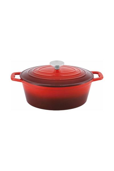 OEM Set 2 x Oval Pot with Lid, Red, Cast Iron Enamel, 28 x 22 cm, 4 l, Grunberg