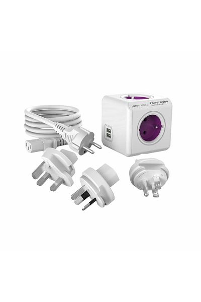 Allocacoc Prelungitor cubic, Powercube de la Allocacoc, 2xUSB, 4 prize, cablu IEC de 1m, alb/violet