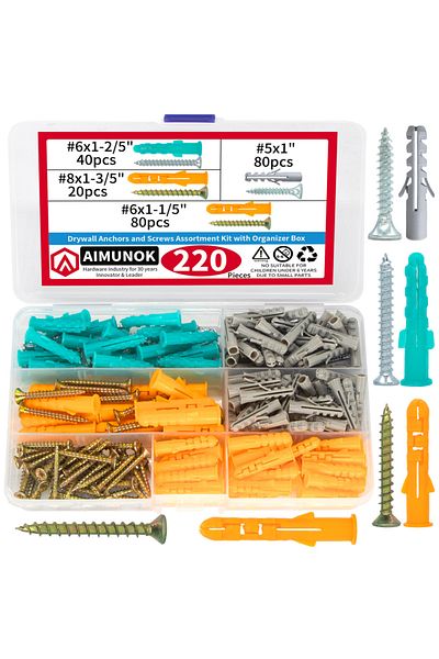 Choice 220pcs AIMUNOK 220pcs drywall anchors & screws kit. Includes wall plugs, comes with organizer box &