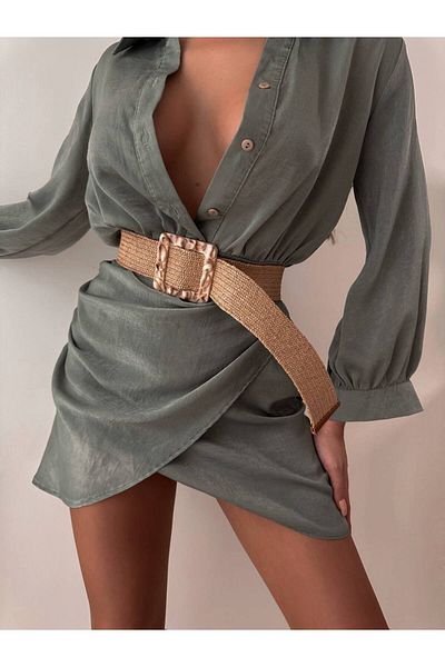 FioriModa Square Buckle Straw Elastic Women's Belt, Jacket Belt, Shirt Belt, Dress Belt