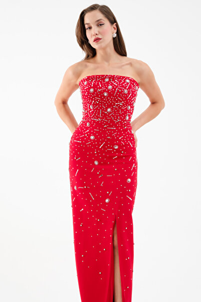 Lafaba Women's Red Strapless Stone Long Evening Dress