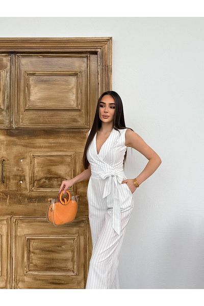 GAMZE ALPTEKİN Salopetă din țesătură cu dungi verticale cu guler dublu, potrivită pentru ocazii zilnice, noaptea, salopetă elegantă, salopetă cu picioare largi