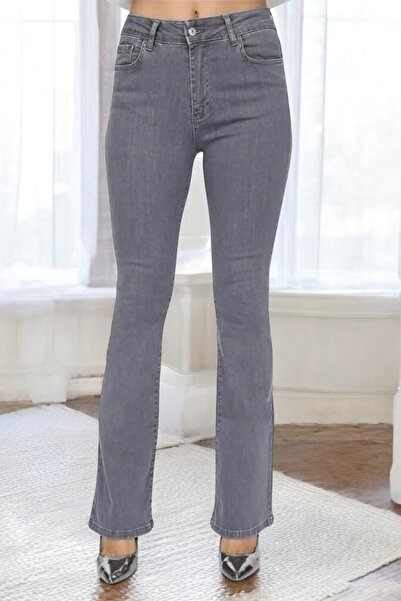 Livik بنطلون جينز نسائي من Elirrsa باللون الرمادي ذو الأرجل الإسبانية وخصر عا...