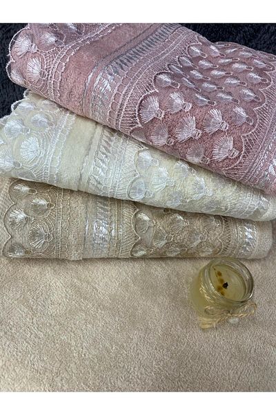 Bonny Home Pelin 3 piese Prosop pentru mâini și față 100% bumbac, textura catifea, dantelă și dantelă