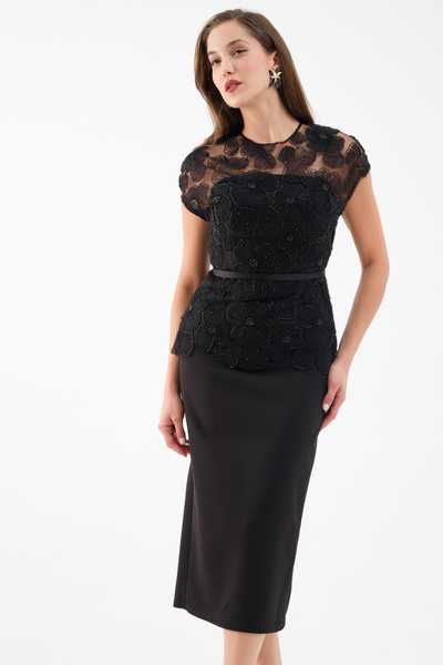 Lafaba Дамска черна дантелена вечерна рокля с дължина до коляното