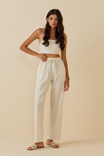 Fahhar Linen Straight Trousers Dark Beige
