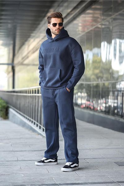 Madmext Navy Blue Hooded Men's Tracksuit Set E7324