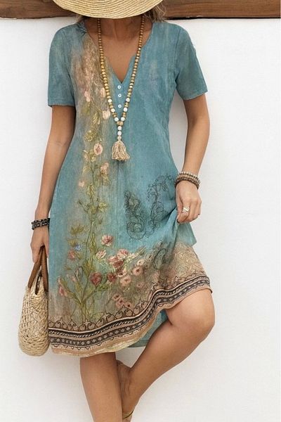 nedo7 Women's Short Sleeve V Neck Patterned Single Jersey Dress