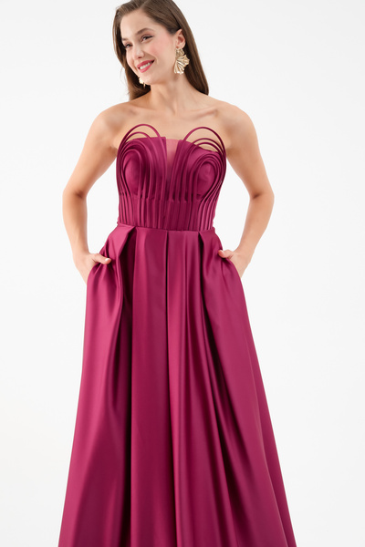 Lafaba Women's Plum Chest Detail Long Satin Evening Dress