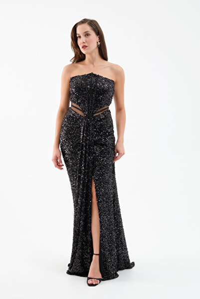 Lafaba Women's Black Strapless Slit Long Evening Dress