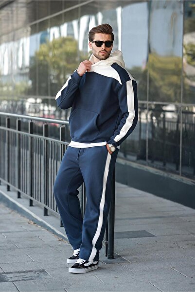 Madmext Lacivert Kapüşonlu Şerit Detaylı Erkek Eşofman Takımı E7326