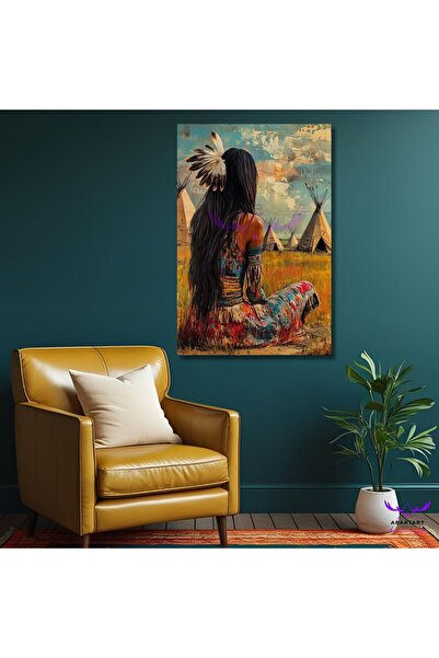 abartart Tekli Dikey Kanvas Dekoratif Duvar Tablosu Kızılderili Kabilesi Ve G...