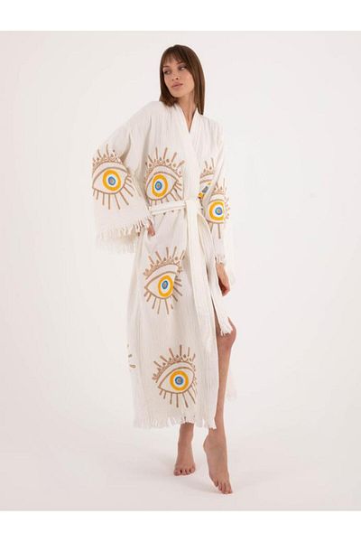 LaraLisa Collection 4 Layers Natural Muslin Cotton Fabric Chemical Treatment Unprocessed Hand Printed Kaftan Kimono Peshtemal Bathrobe