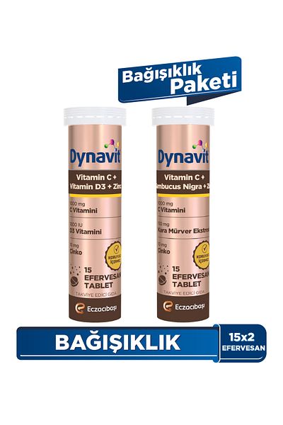 Dynavit فيتامين سي + د + الزنك وفيتامين سي + سامبوكوس نيغرا + الزنك 2x15 فوار - حزمة المناعة