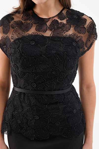 Lafaba Дамска черна дантелена вечерна рокля с дължина до коляното