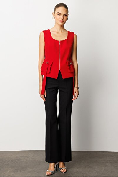 Moda İlgi Modailgi U Yaka Fermuar Kapamalı Torba Cepli Yelek Kırmızı