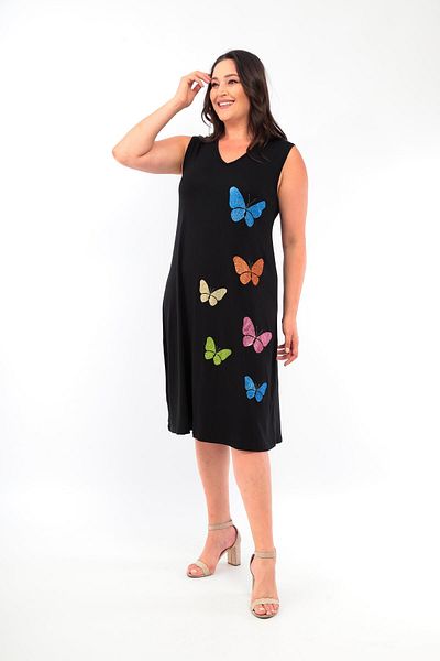 Ebsumu Women's Plus Size Butterfly Stone Printed Sleeveless Black Dress