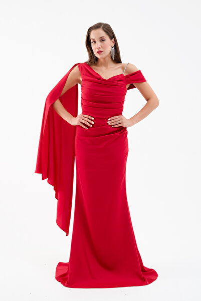 Lafaba Kadın Bordo Tek Omuzlu Taş Askılı Uzun Saten Abiye Elbise