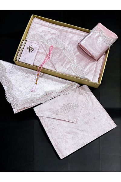 AYHANHOME 6 Piece Velvet French Laced Dowry Package Boxed Prayer Rug Set Bride Groom Set