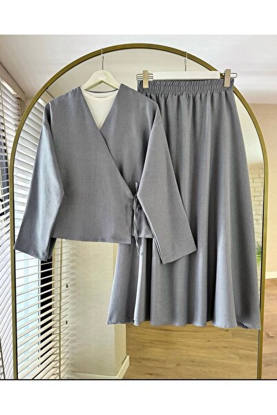 Bahar Altundemir Women's Skirted Kimono Set Gray Tetesure Set Bottom Top Set