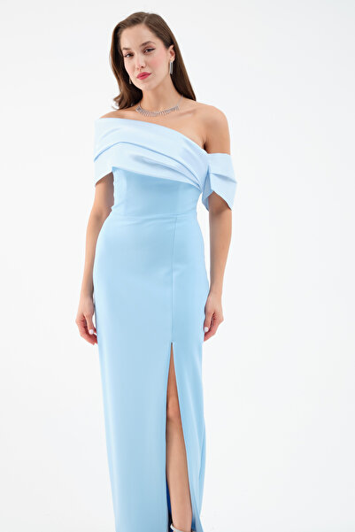 Lafaba Rochie de seară lungă pentru femei, albastru bebeluș, cu decolteu și cu fante