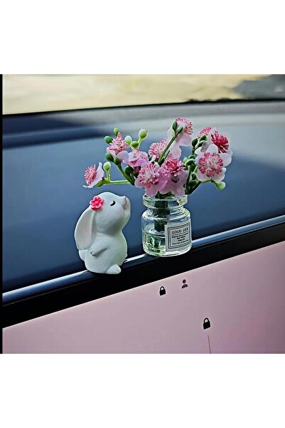 Vira Rise أرنب صغير أنيق وجذاب مع مزهرية وردية وزينة توربيدو السيارة الصغيرة ...