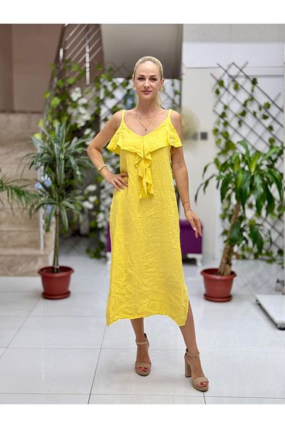 Punta Otantik Nc2132 Linen Italian Dress with Ruffles on the Front and Rope Strap Yellow