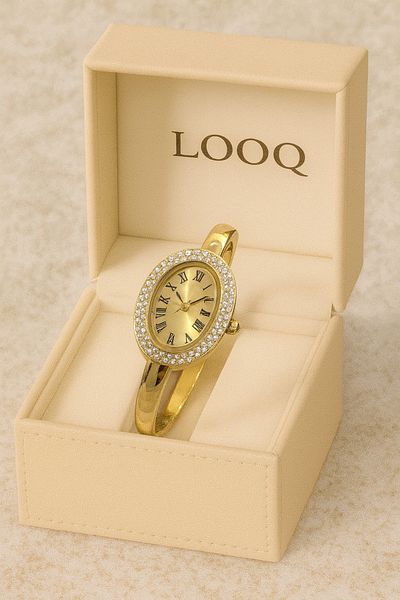 LOOQ ساعة يد نسائية موديل قيود بأرقام رومانية مرصعة بالأحجار