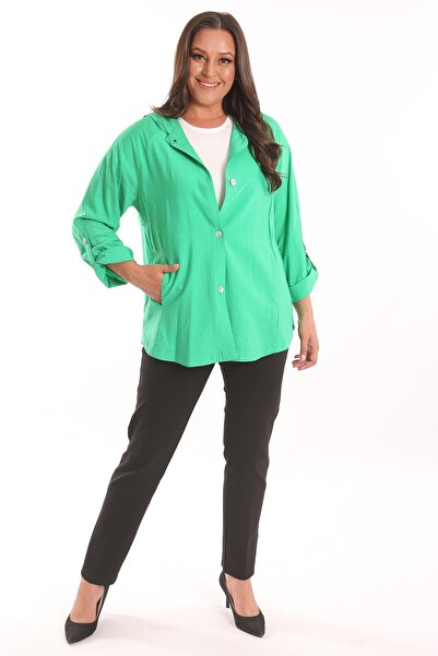 Metpoint Trend42plus Büyük Beden Kapüşon ve Düğme Detaylı Yeşil Trençkot