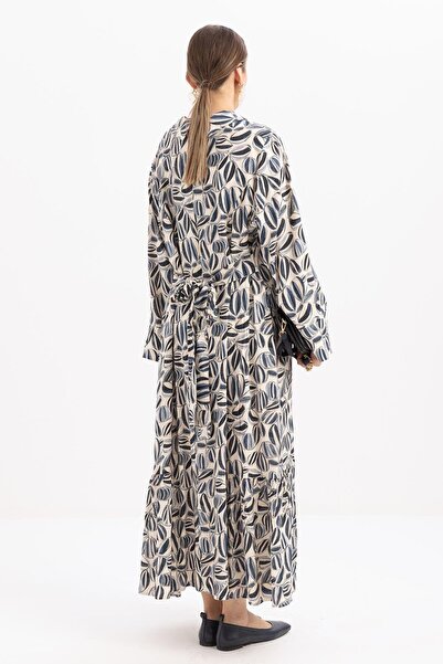 ALLDAY Taş-Mavi-Robalı Kuşaklı Emprime Büyük Beden Elbise